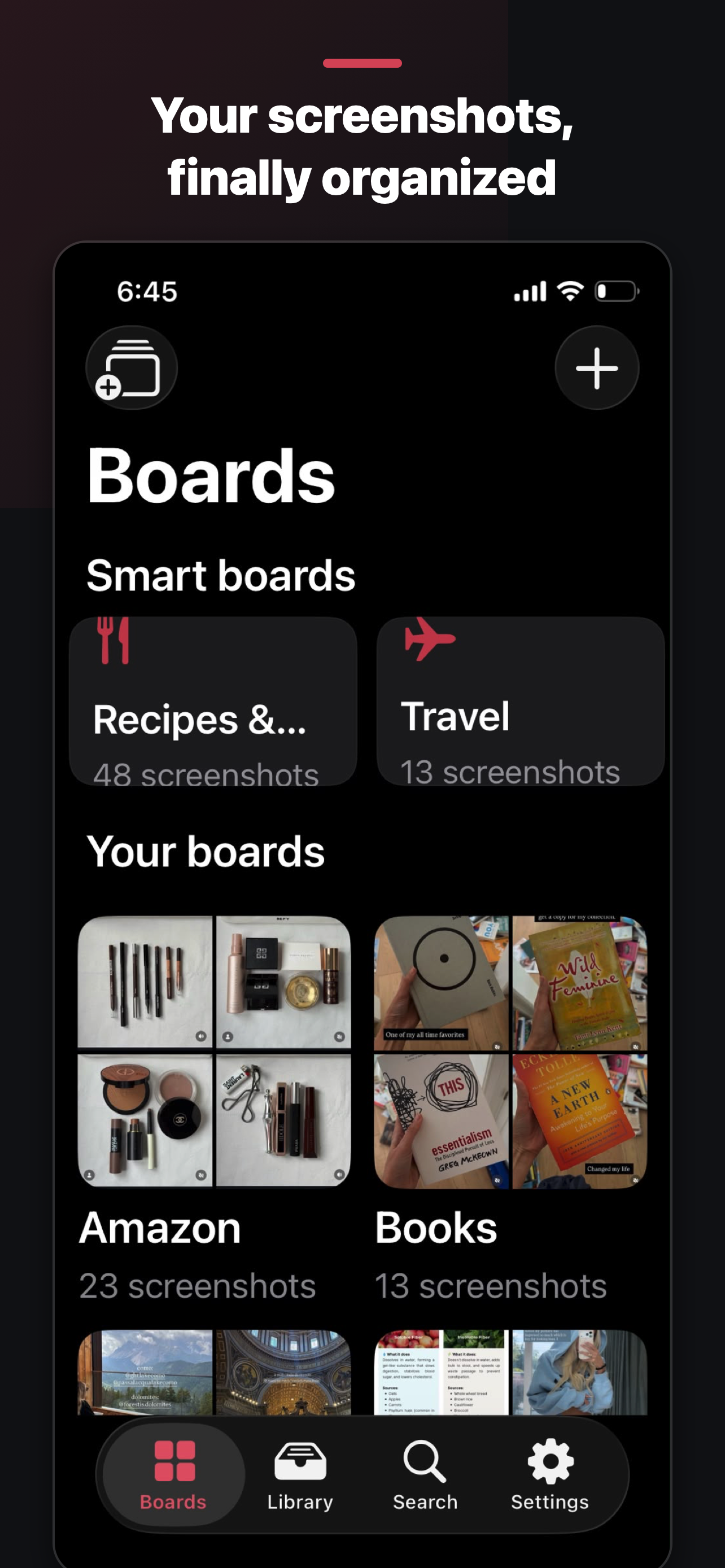 ScreenStash boards screen showing smart boards and personal boards.