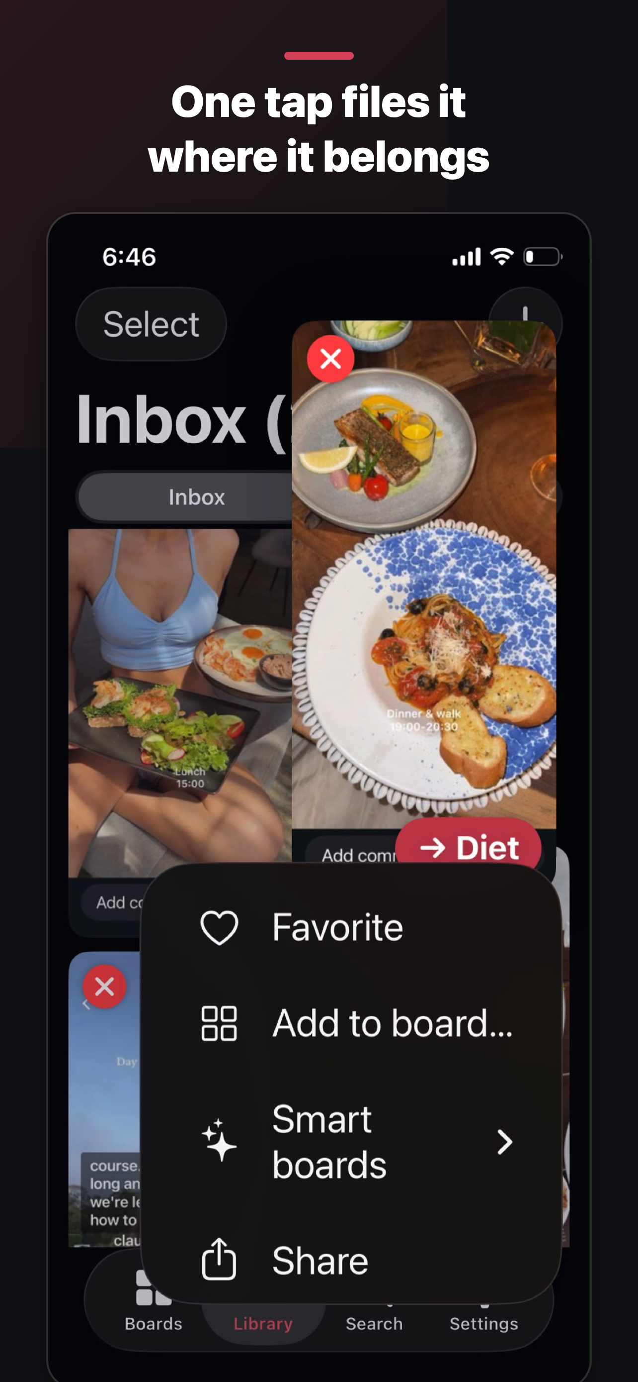 Inbox with one-tap Stash buttons filing screenshots to boards.