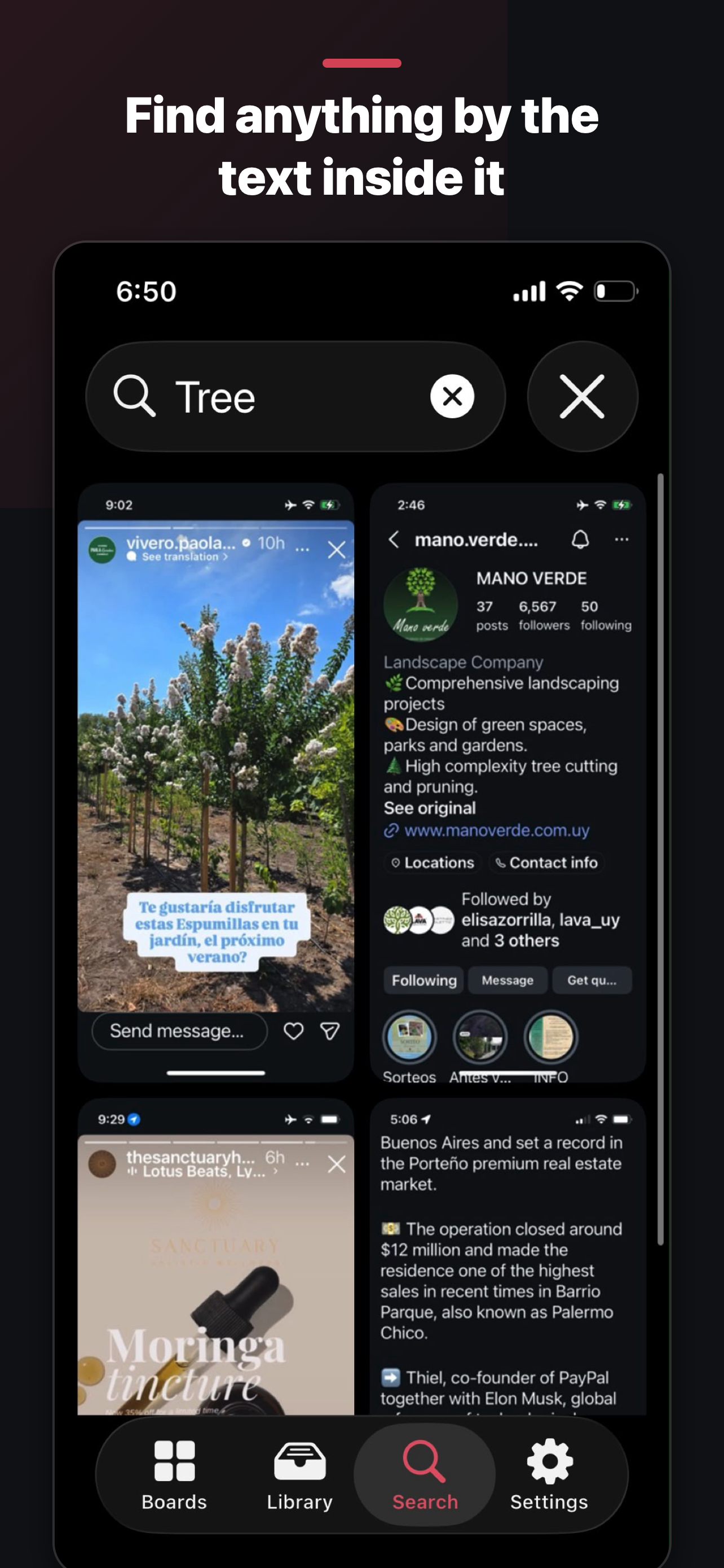 Searching 'Tree' instantly finds matching screenshots.