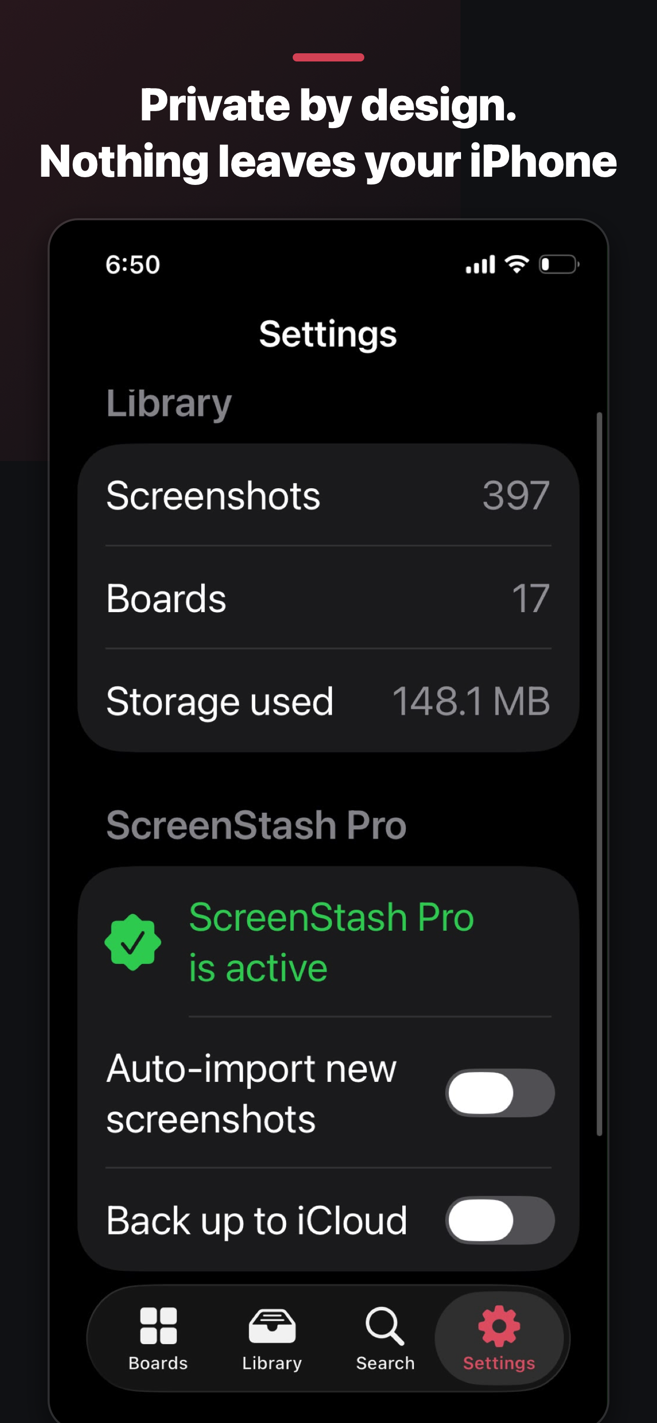 Settings screen showing on-device library and privacy controls.